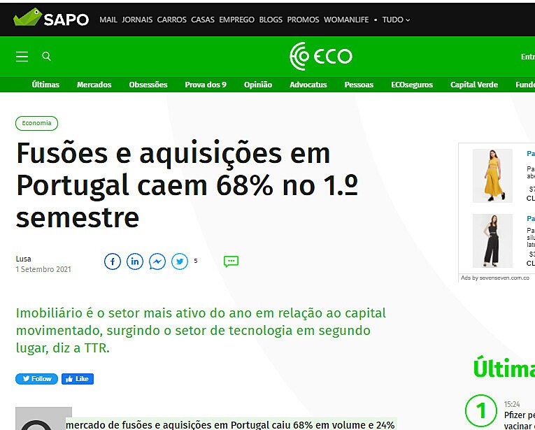 Fuses e aquisies em Portugal caem 68% no 1. semestre